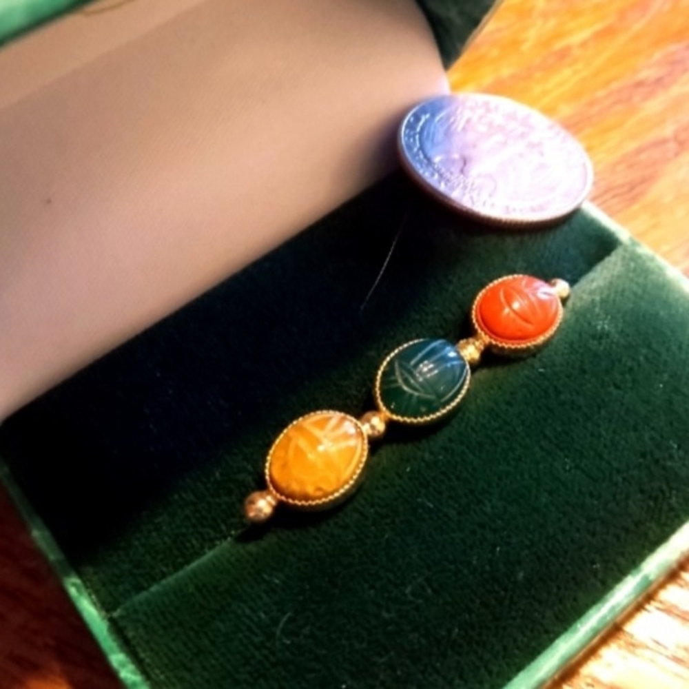 Vintage-Inspired Scarab Brooch in Red, Blue, and Yellow Gold-Tone